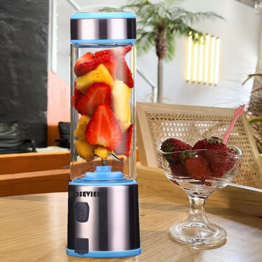 ROSEVIEW Blender Smoothie Portable for smoothies Glass bottle Mini USB rechargeable Handheld 2 Speed battery powered hand blend Shakes Cup fruit juicer (US, BlueSteel)