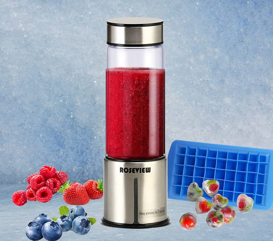 ROSEVIEW Blender Smoothie Portable for smoothies Glass bottle Mini USB rechargeable Handheld 2 speed battery powered hand blend Shakes Cup fruit juicer Cordless maker jet blend Mixer (US, Stainless)