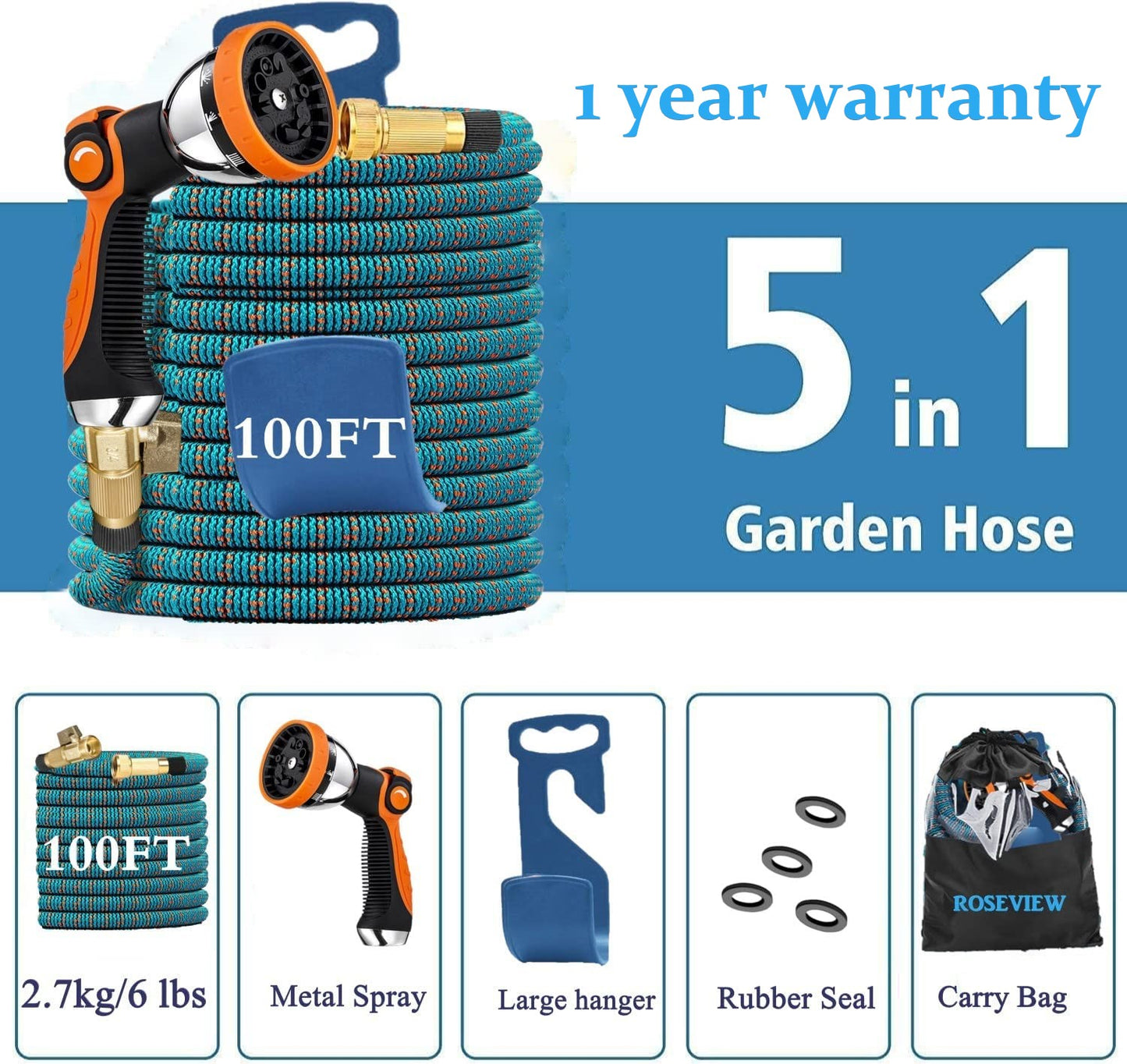 Garden Hose Expandable 75ft 100ft 150ft Expanding 75 feet 100 foot 150 (CA, BlueOrange)
