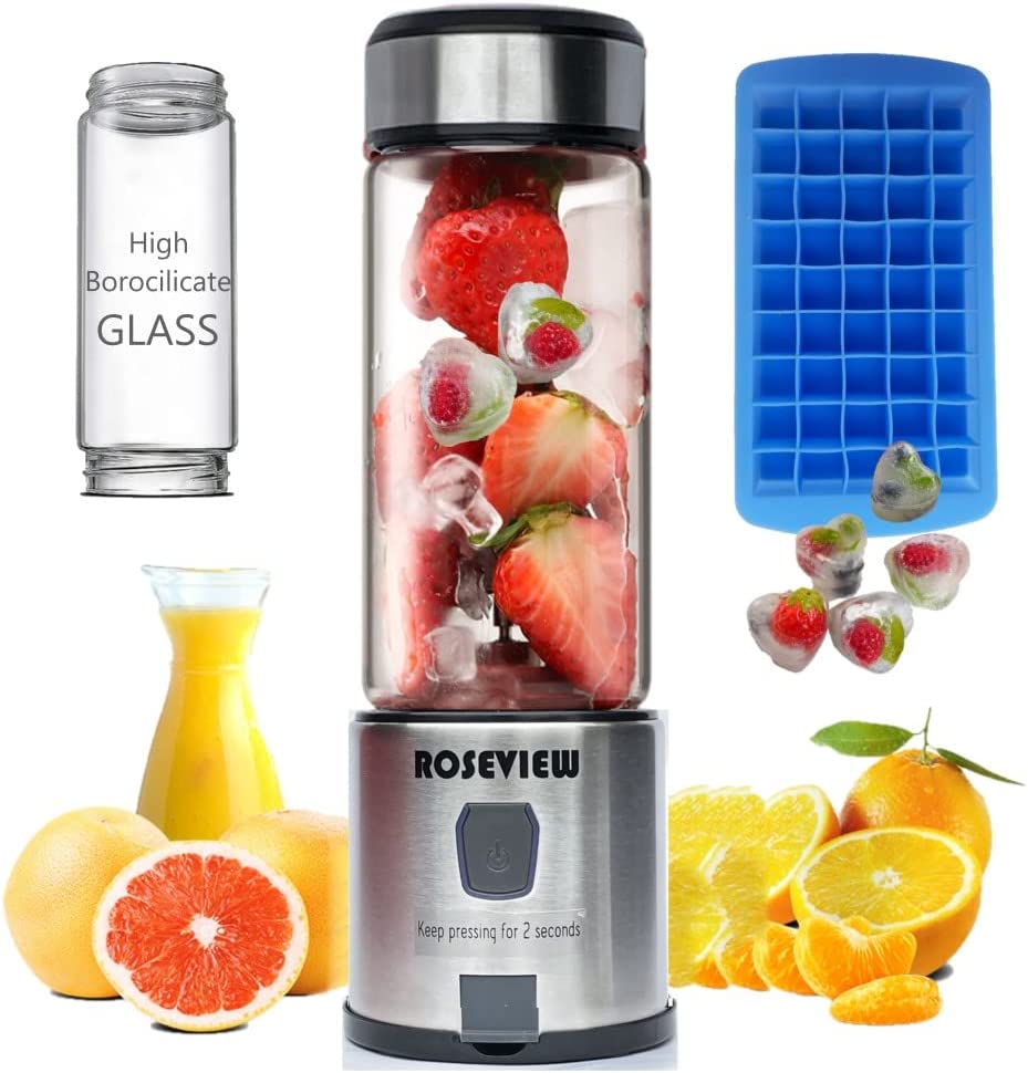 Portable Smoothie Blender ROSEVIEW Glass Cordless Mini Shakes Cup blend for smoothies USB rechargeable juicer 2 battery Handheld Personal travel Jet mixer