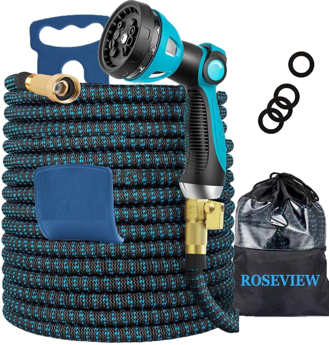 Garden Hose Expandable 75ft 100ft Expanding 75 feet 100 foot (CA, Dark Blue)