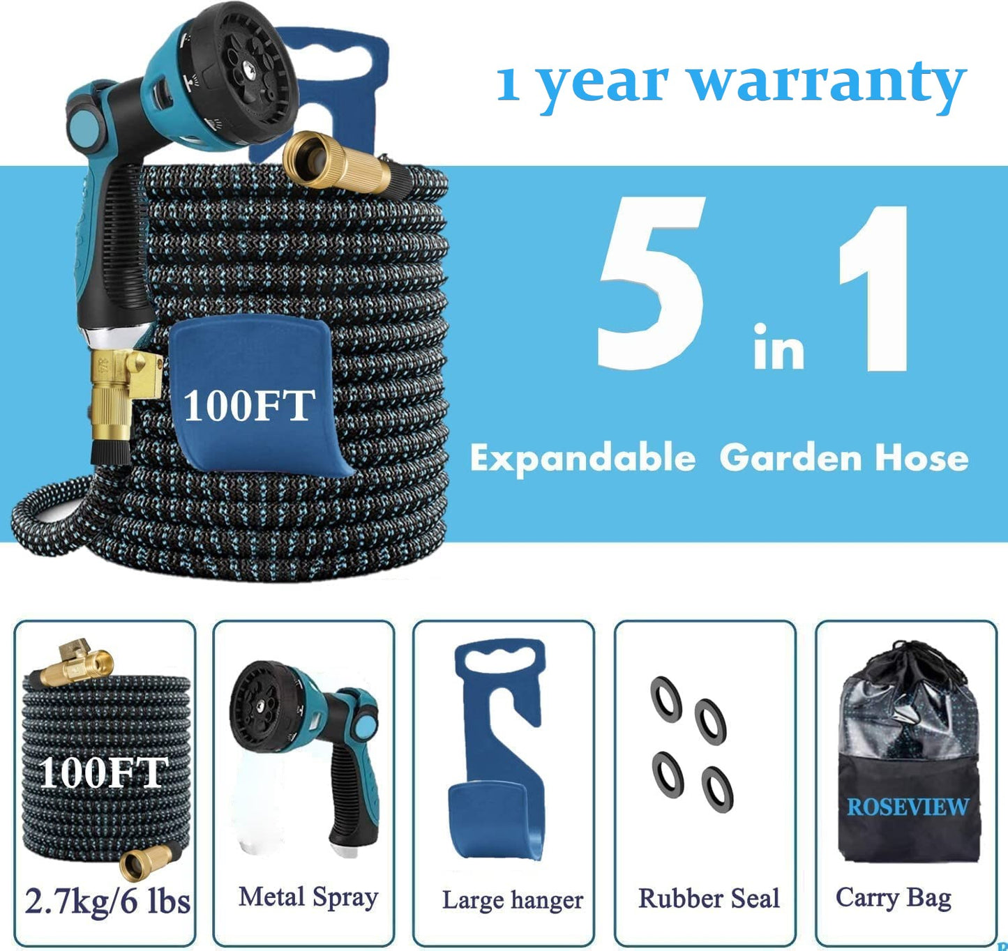 Garden Hose Expandable 75ft 100ft Expanding 75 feet 100 foot (CA, Dark Blue)