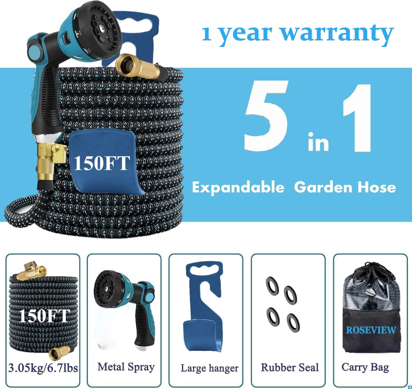 Garden Hose Expandable 75ft 100ft Expanding 75 feet 100 foot (CA, Dark Blue)