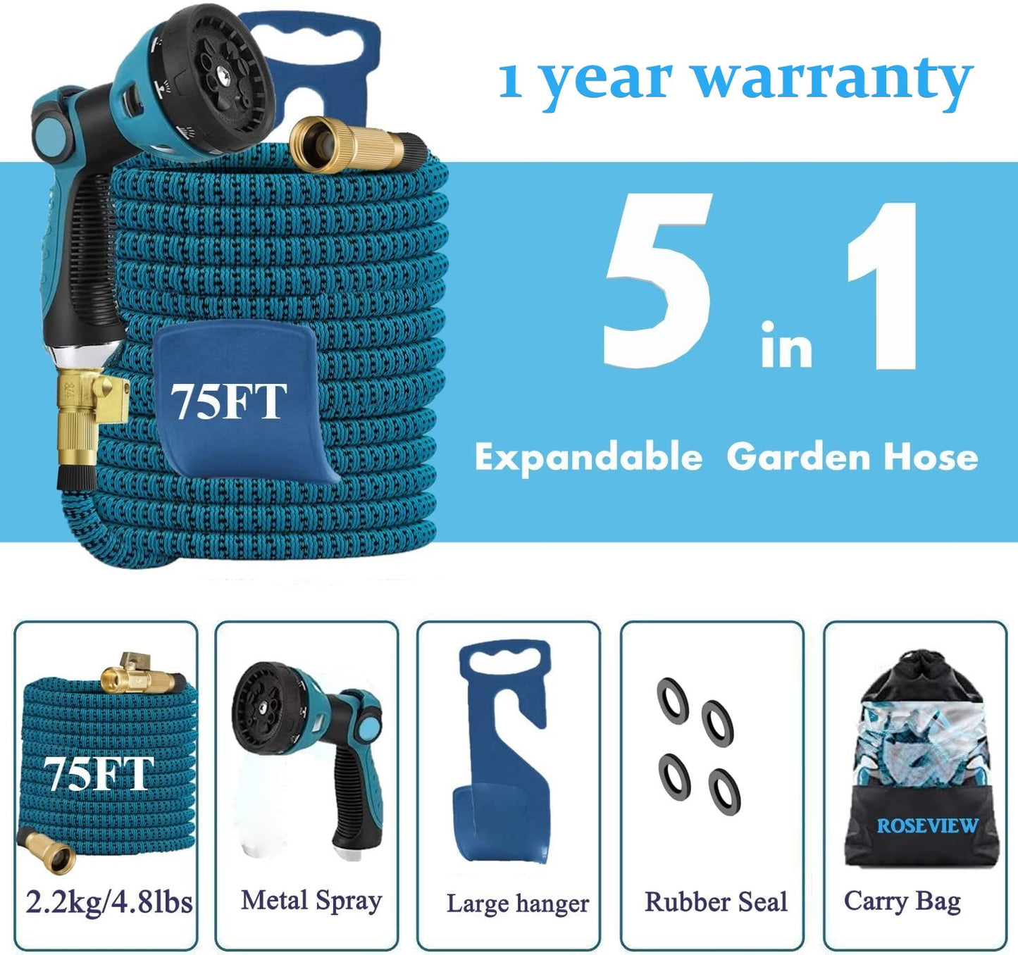 Garden Hose Expandable 75ft 100ft 150ft Expanding 50 75 feet 100 foot 150 ft (CA, LakeBlue)
