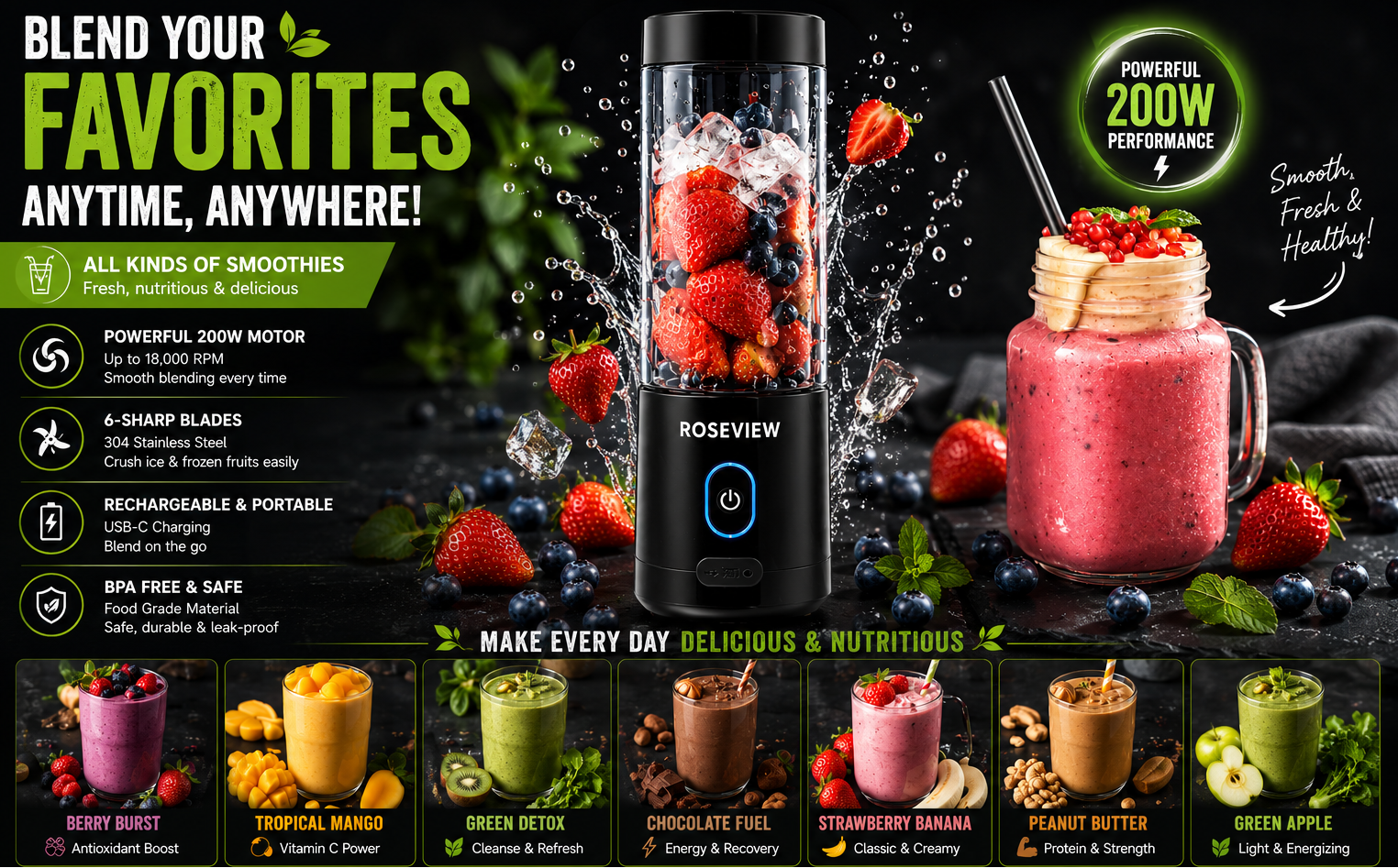 A promotional product graphic for the ROSEVIEW portable blender. The image features the black blender base with a clear cup filled with strawberries in the center, and a glass jar filled with a pink smoothie on the right.