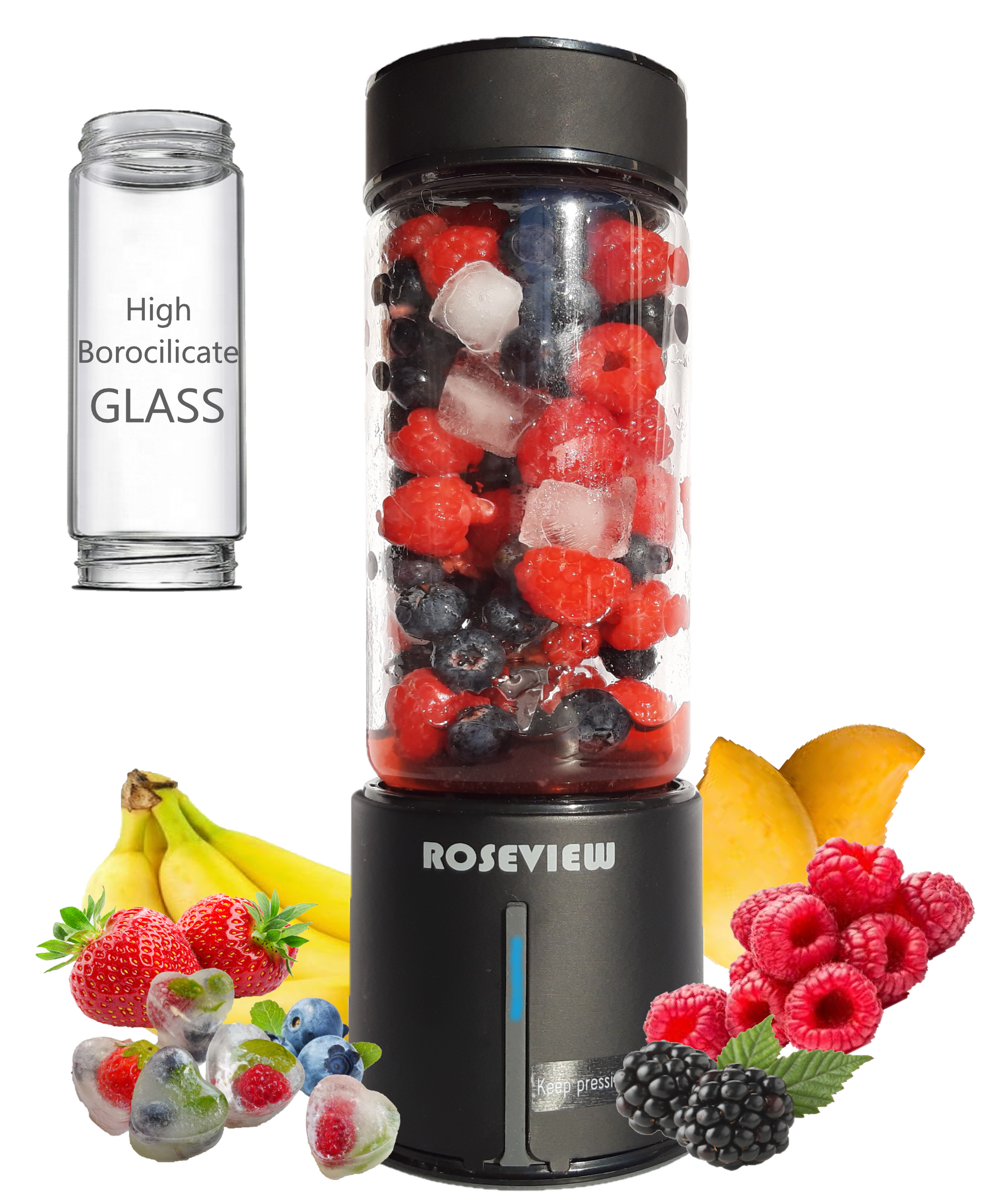 ROSEVIEW Smoothie Blender for smoothies, 15Oz handheld Glass jar Bottle, Mini Cordless USB rechargeable, One touch 2 Speed jet Blend, Fresh Healthy Travel Anywhere.  Portable Glass bottle Mini USB rechargeable Handheld battery powered hand Shakes Cup mélangeur juicer Cordless melangeur portatif maker Fruit Juice Mixer